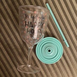 Plastic Mint Green Polka Dot Wine Glass Tumbler w/ Straw & Cover. Wine to-go cup